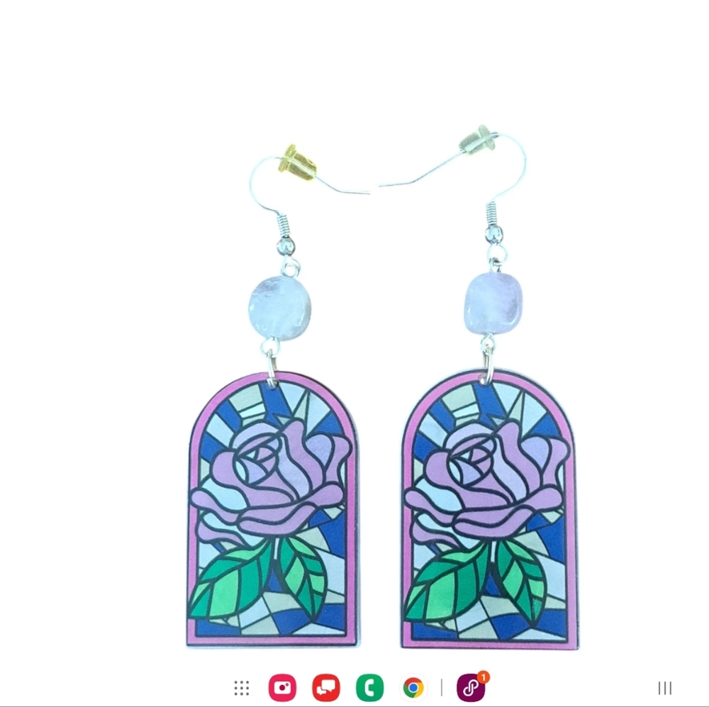 Rose Stained Glass Window Dangle Pierced Earrings Pink/Blue/Green Acrylic NWOT